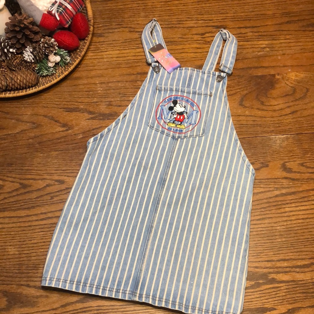 Disney Blue and White Striped Mini Overall Dress with Mickey Patch